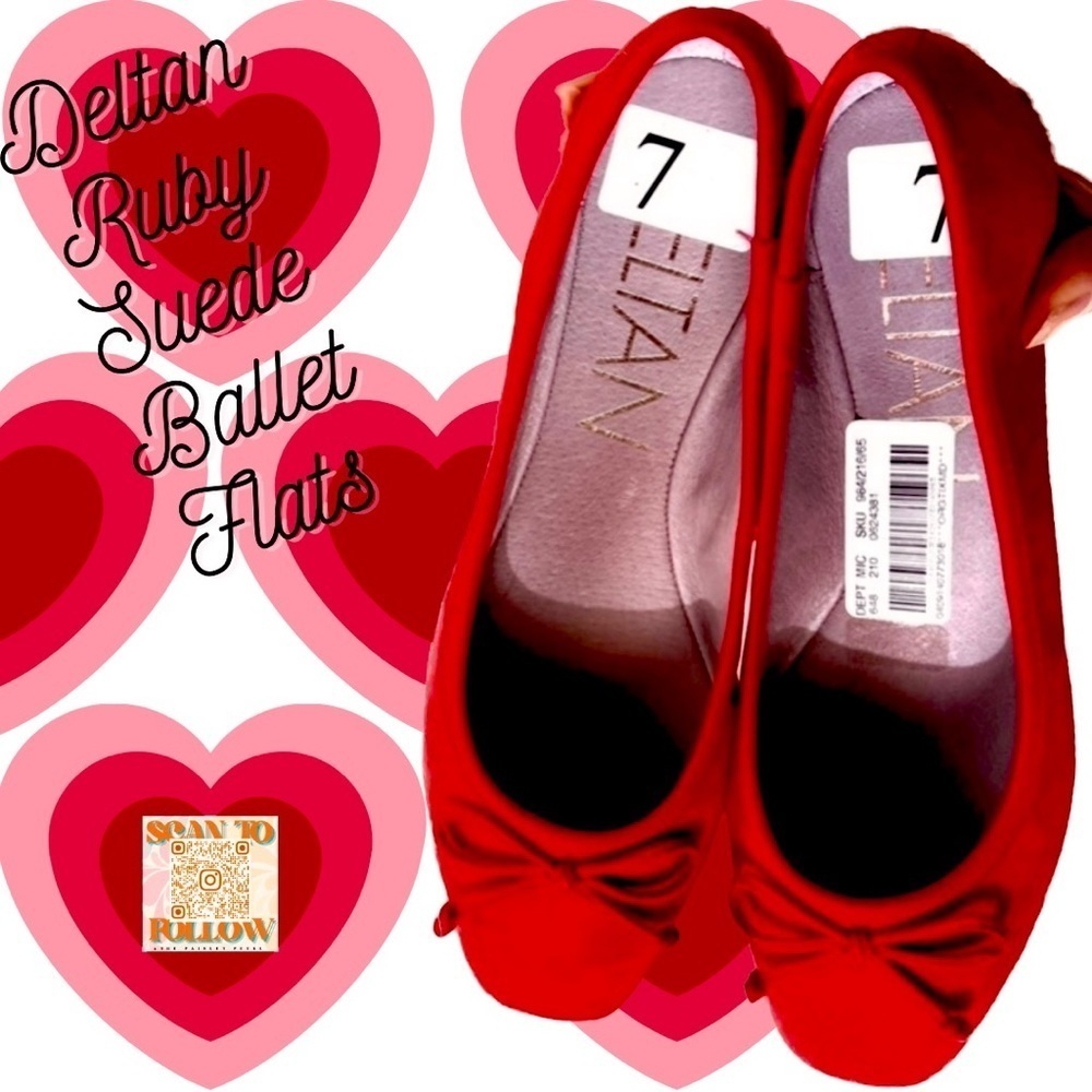𝅺DELTAN QUINN RED SUEDE BALLET FLATS WITH BOW EMBELLISHMENT
